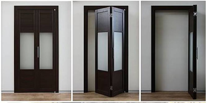 Шпонированные двери гармошка с матовыми стеклянными вставками Псков