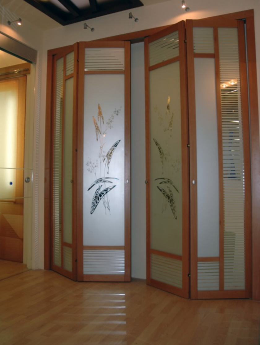 Широкие двери гармошка с матовым стеклом и рисунком Псков